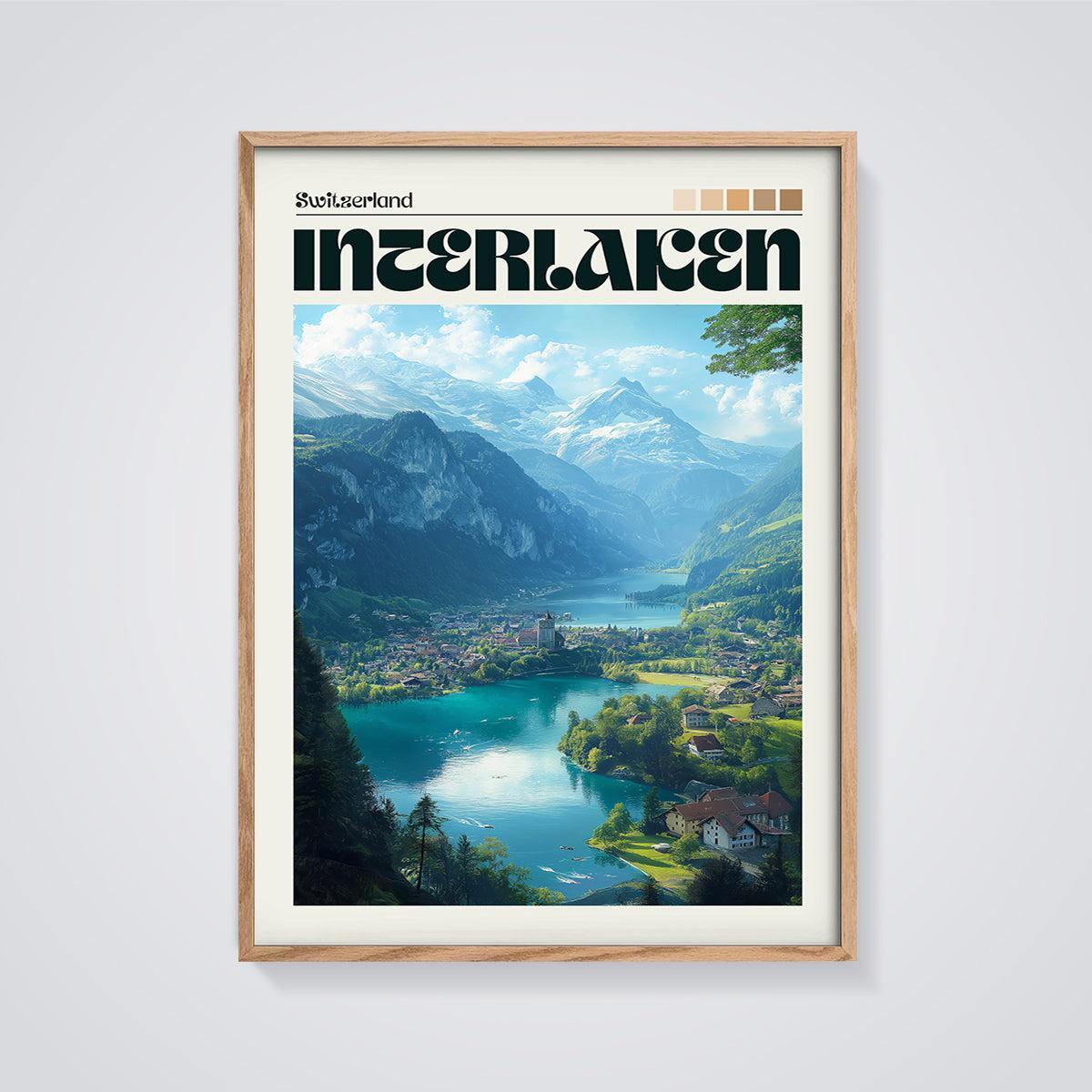 Interlaken Swiss Mountain Lake Print framed in oak on a grey background