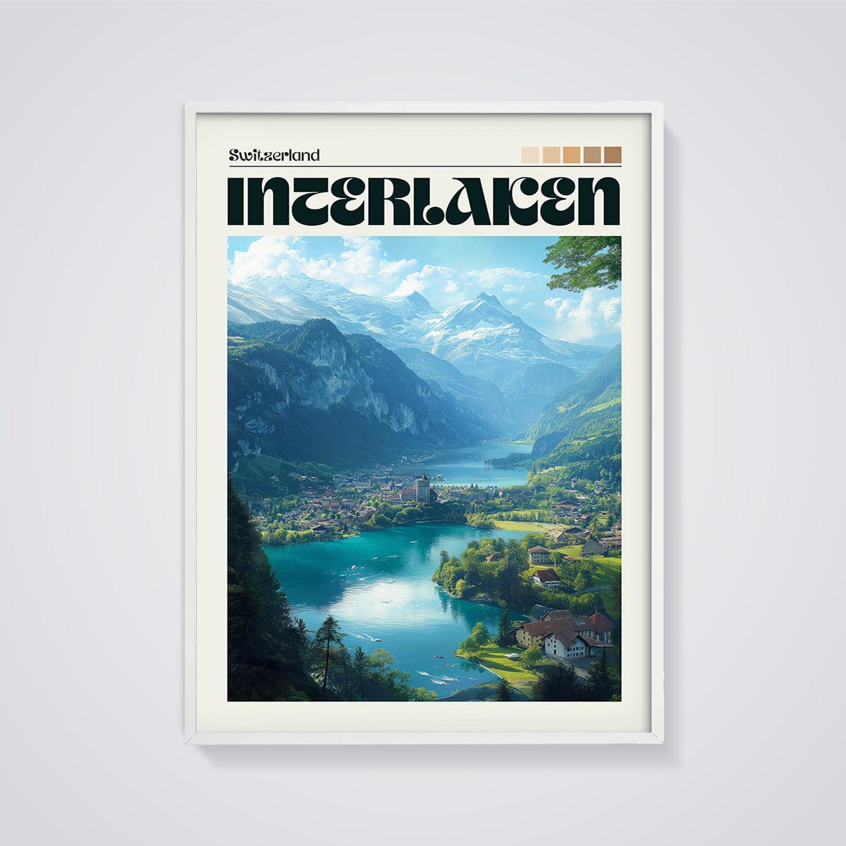 Interlaken Swiss Mountain Lake Print framed in white on a grey background