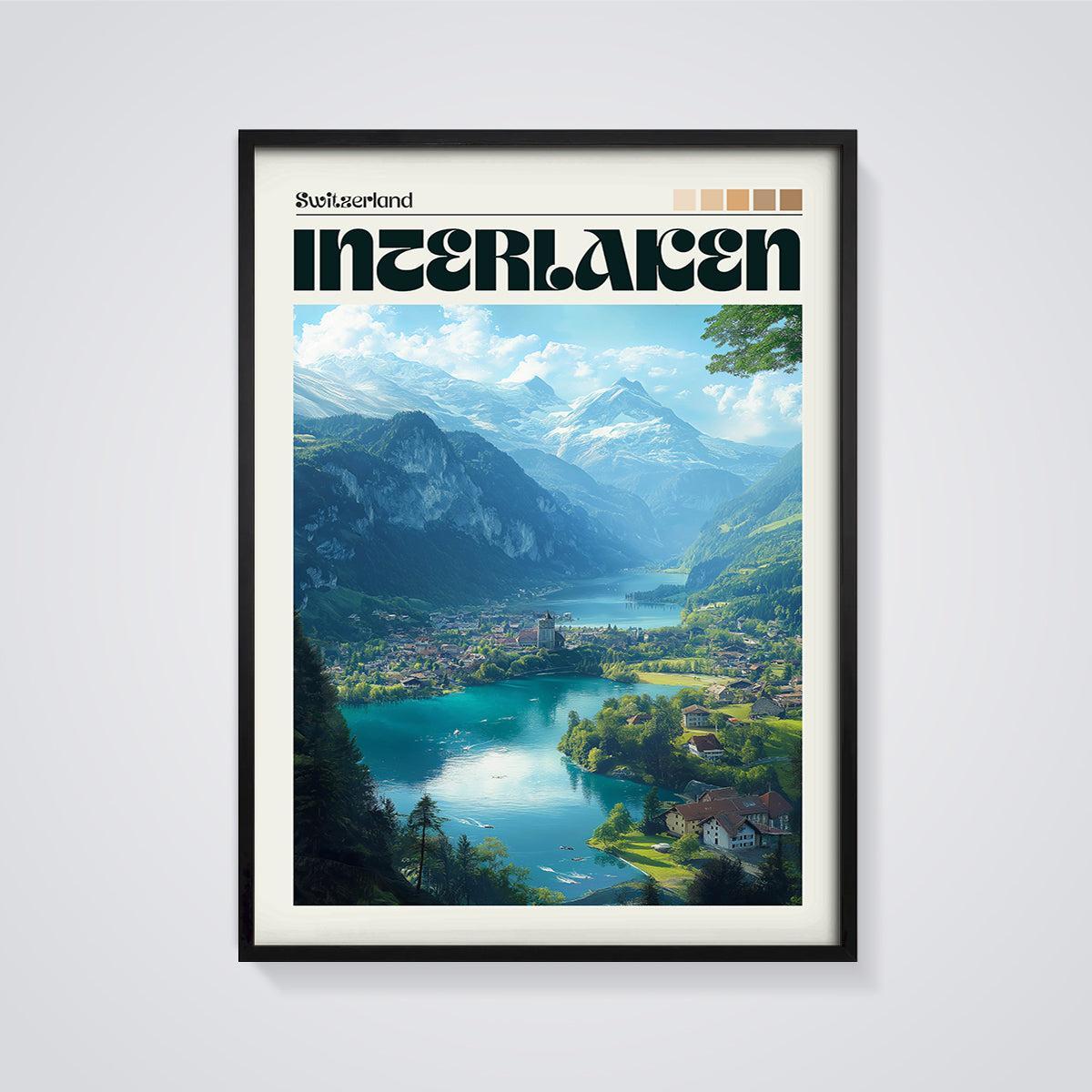 Interlaken Swiss Mountain Lake Print framed in black on a grey background