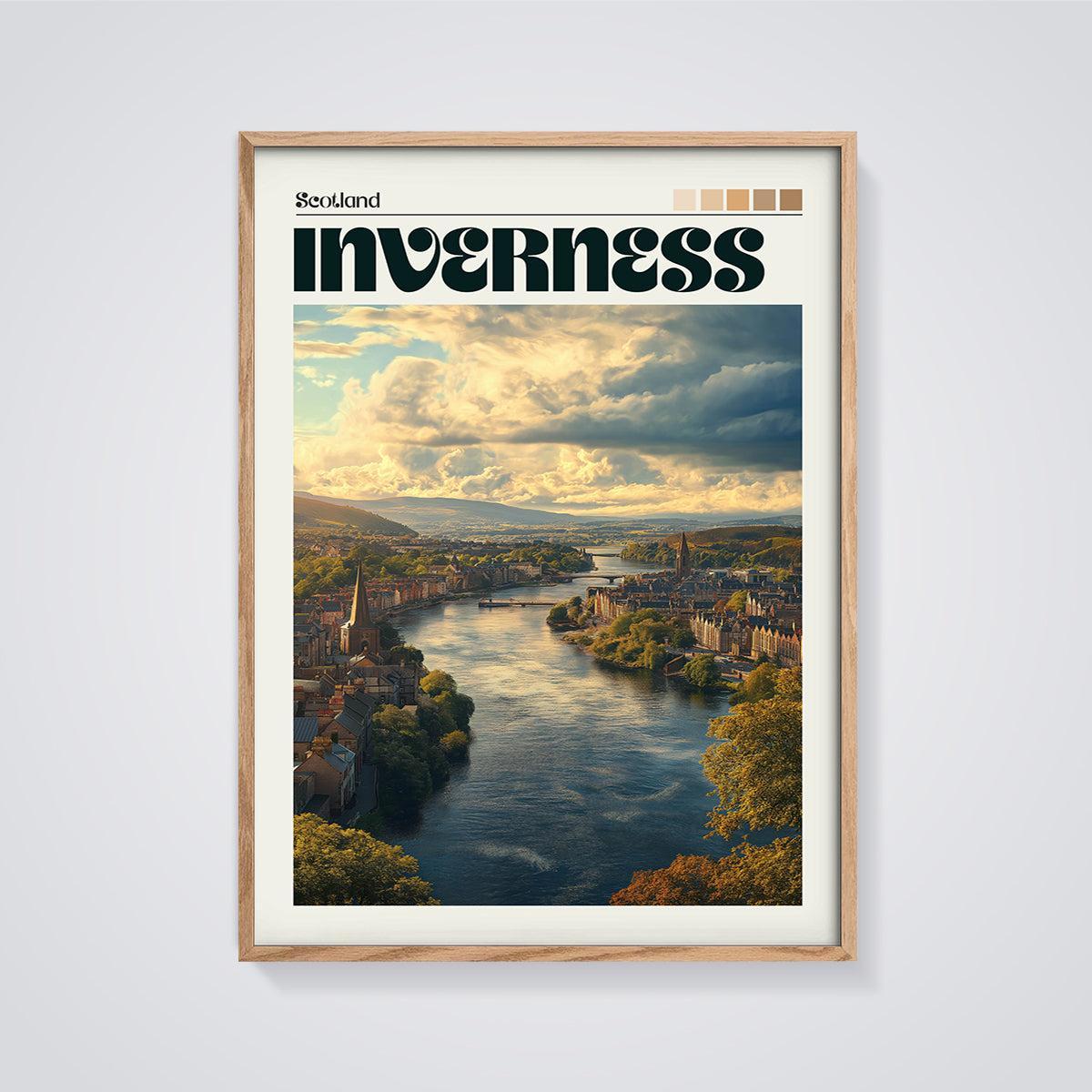 Inverness Scotland River City Print framed in oak on a grey background