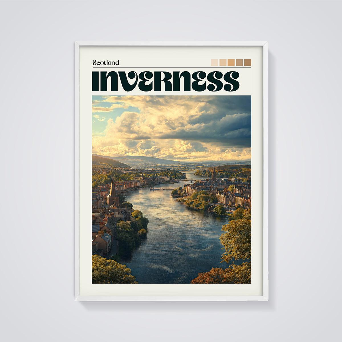 Inverness Scotland River City Print framed in white on a grey background