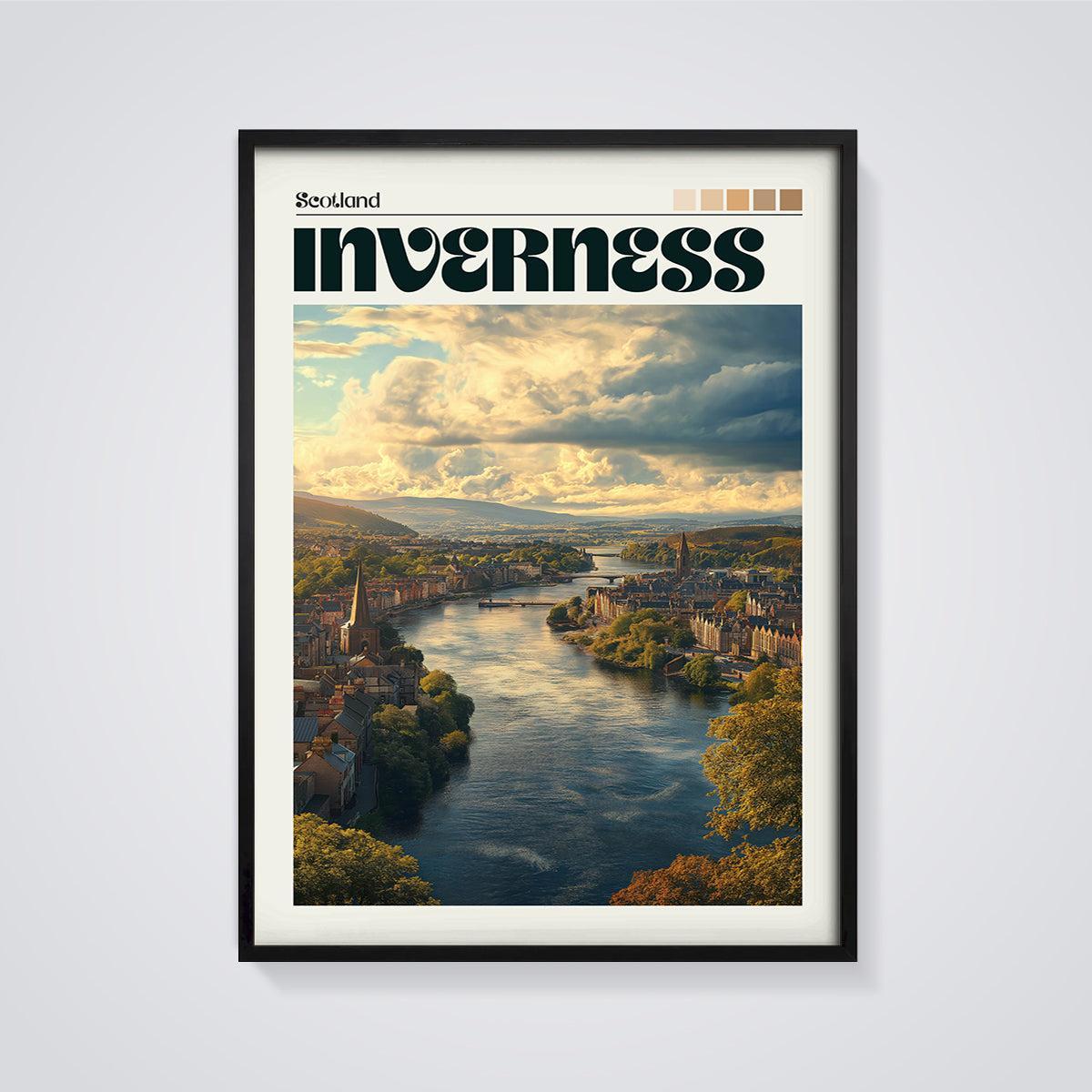 Inverness Scotland River City Print framed in black on a grey background