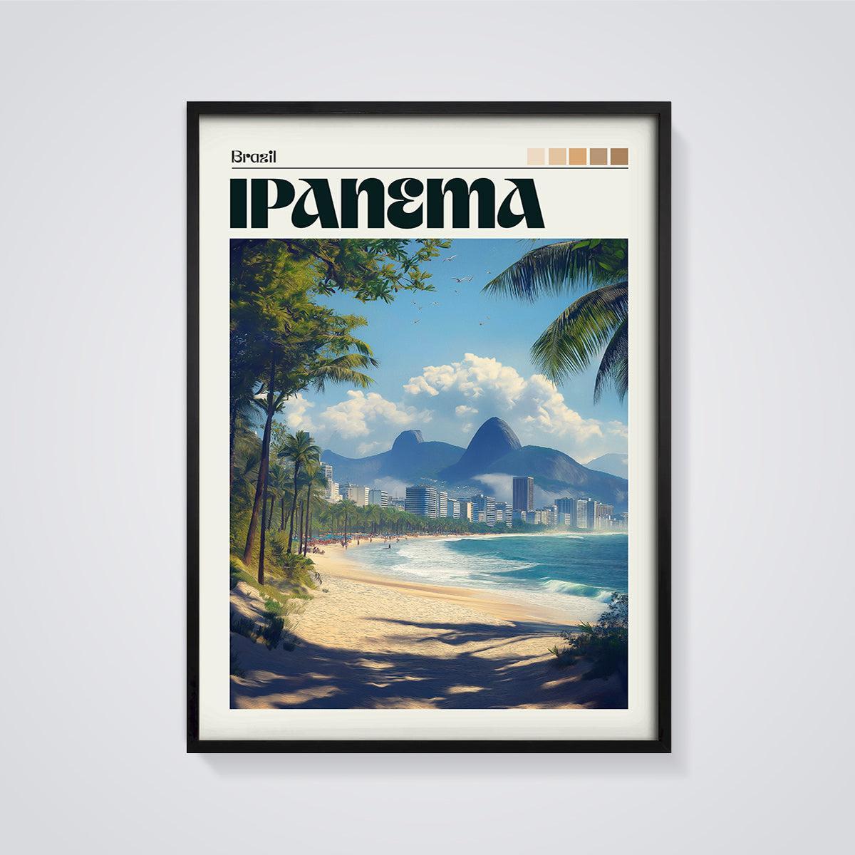 Ipanema Beach Travel Print framed in black on a grey background
