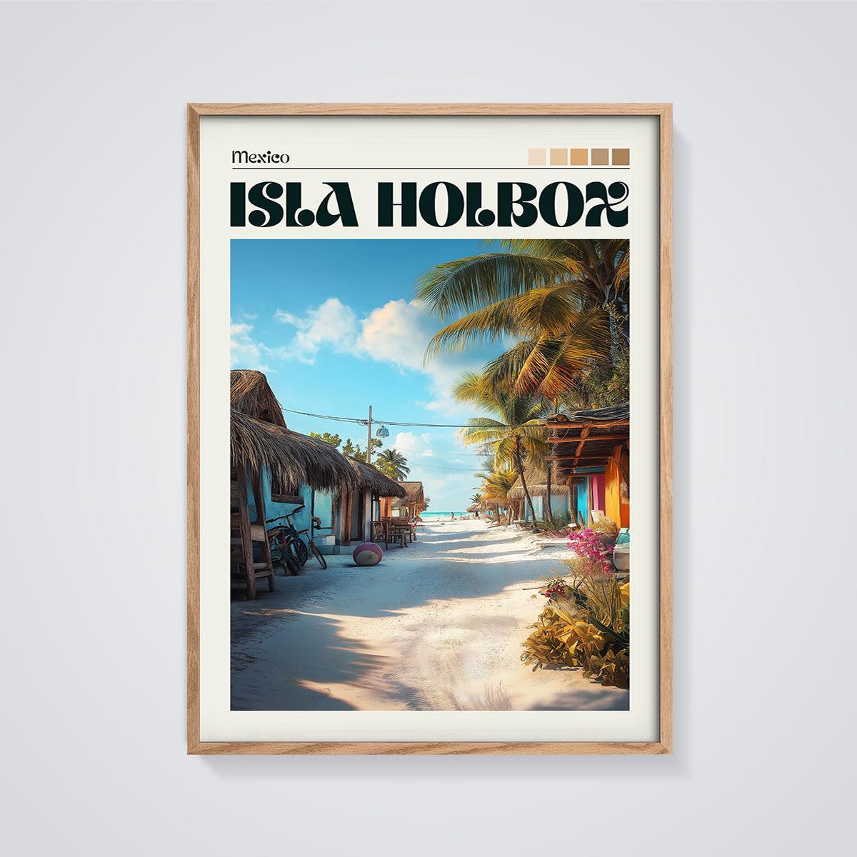 Isla Holbox Tropical Street Print framed in oak on a grey background