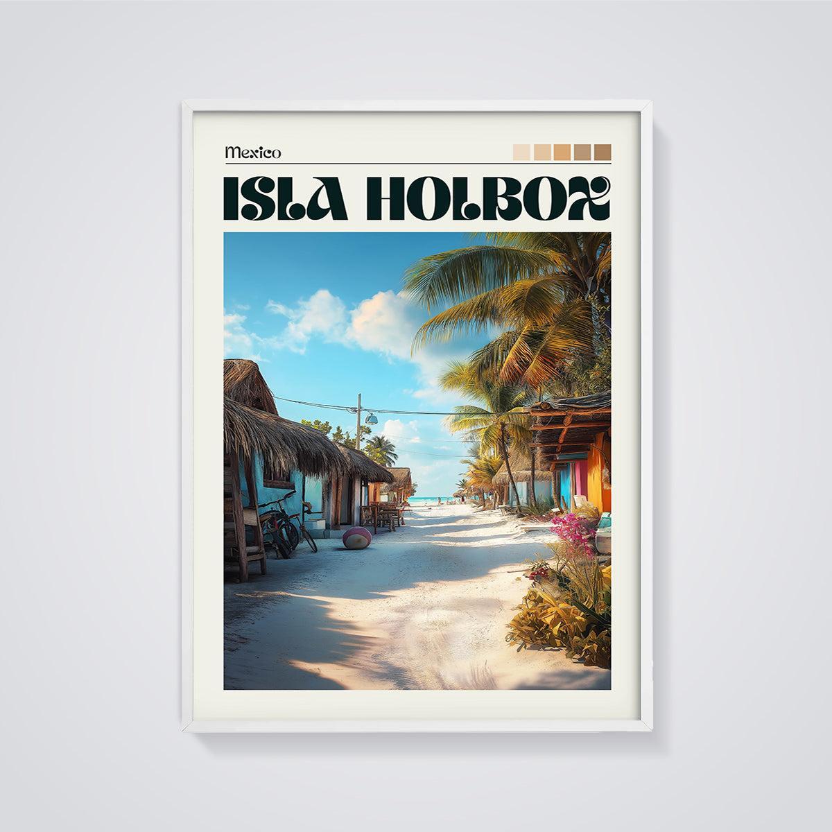 Isla Holbox Tropical Street Print framed in white on a grey background