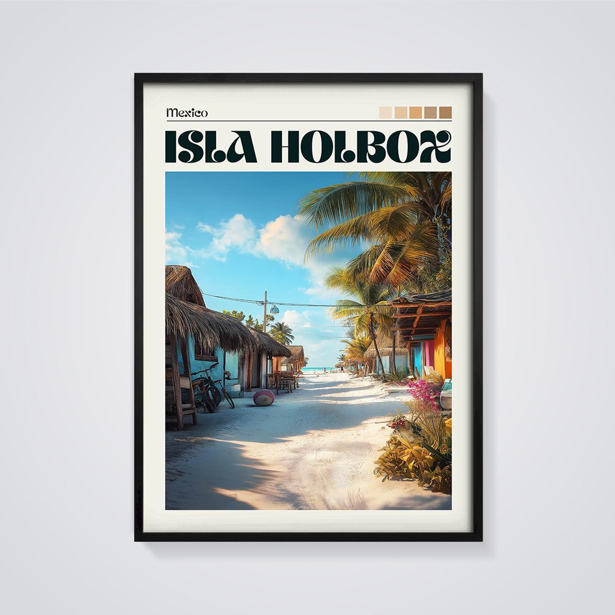 Isla Holbox Tropical Street Print framed in black on a grey background
