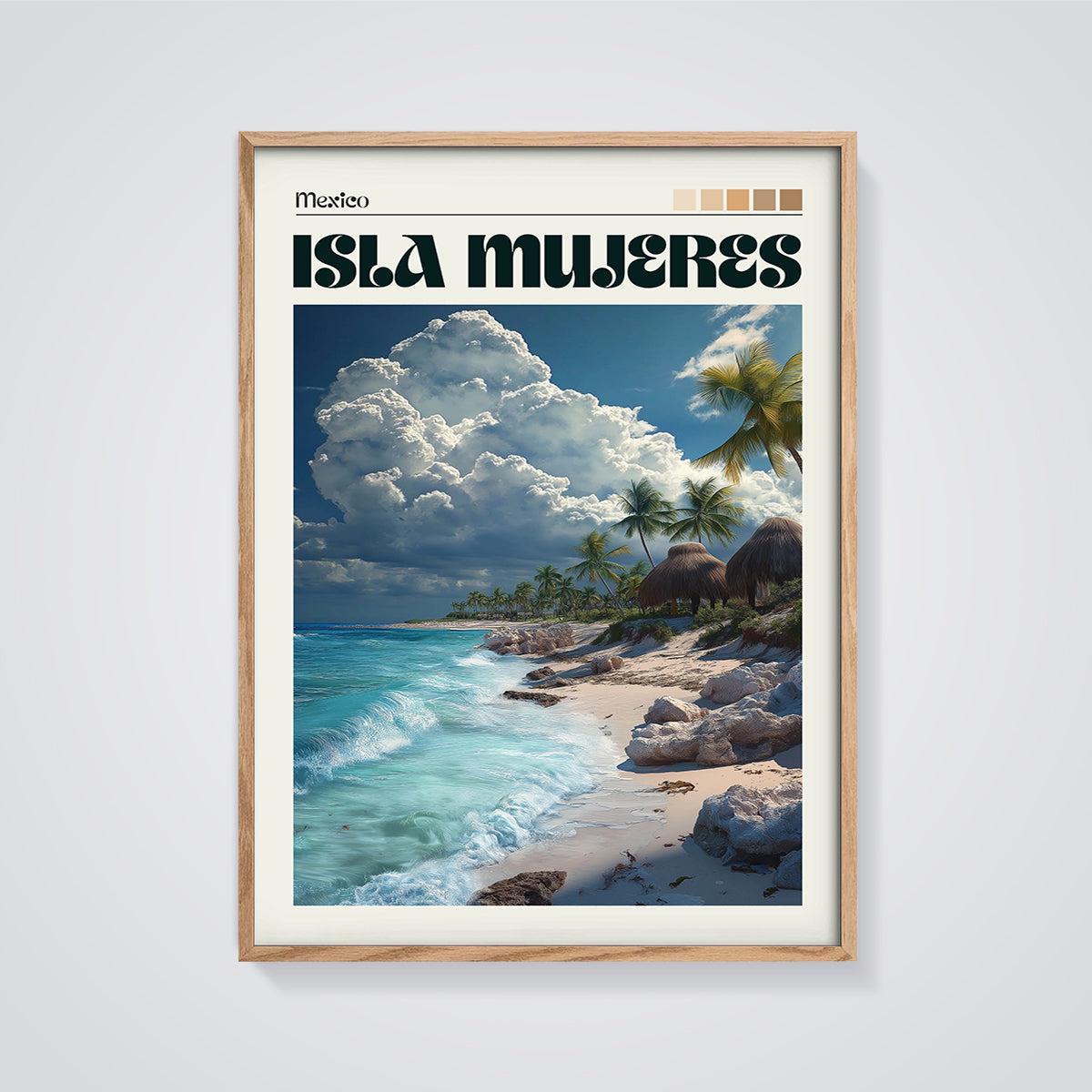 Isla Mujeres Tropical Beach Print framed in oak on a grey background