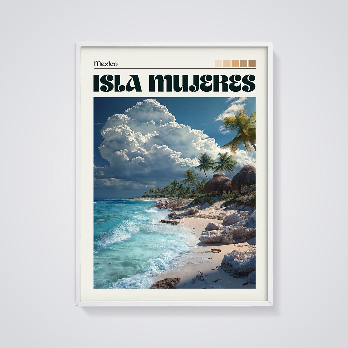 Isla Mujeres Tropical Beach Print framed in white on a grey background