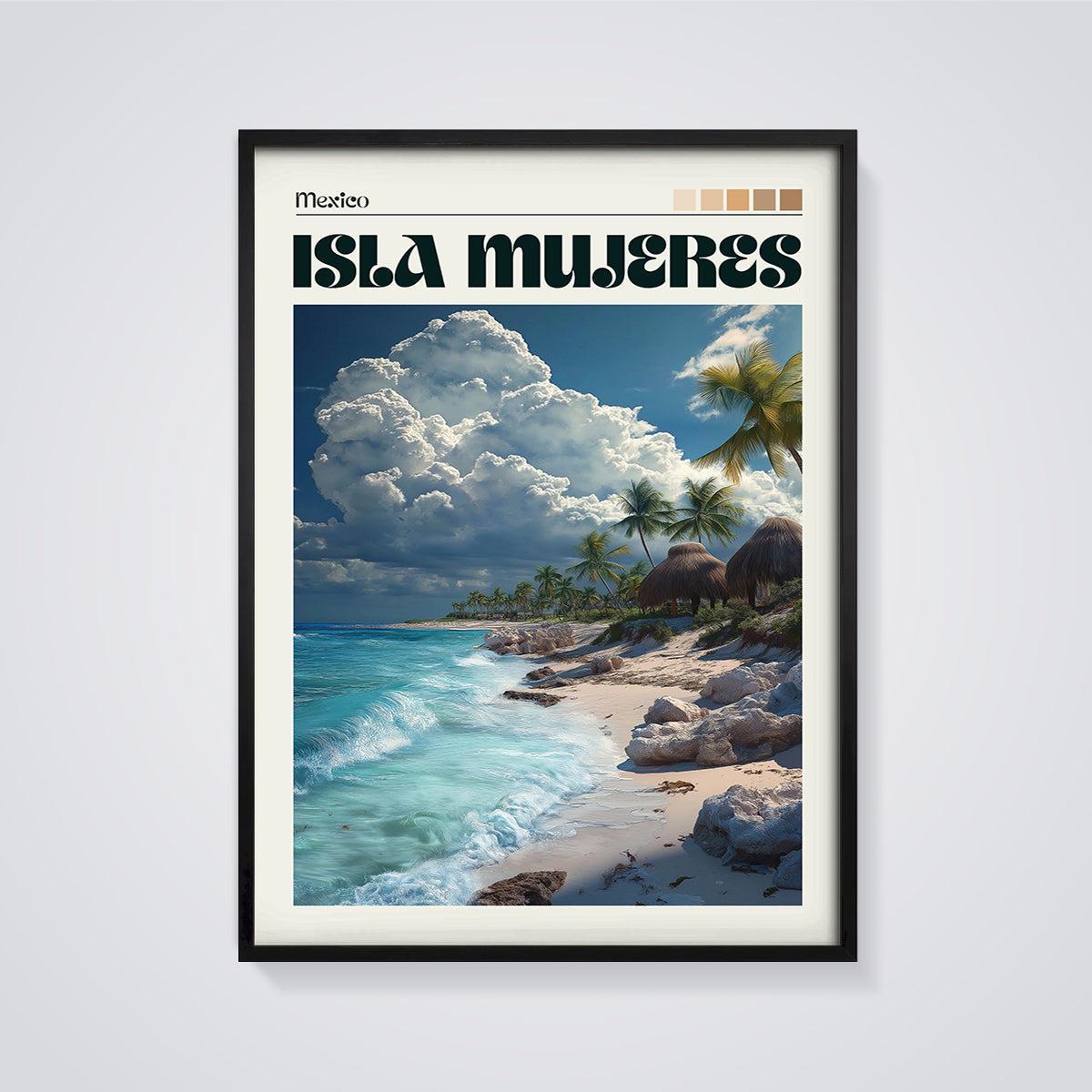 Isla Mujeres Tropical Beach Print framed in black on a grey background