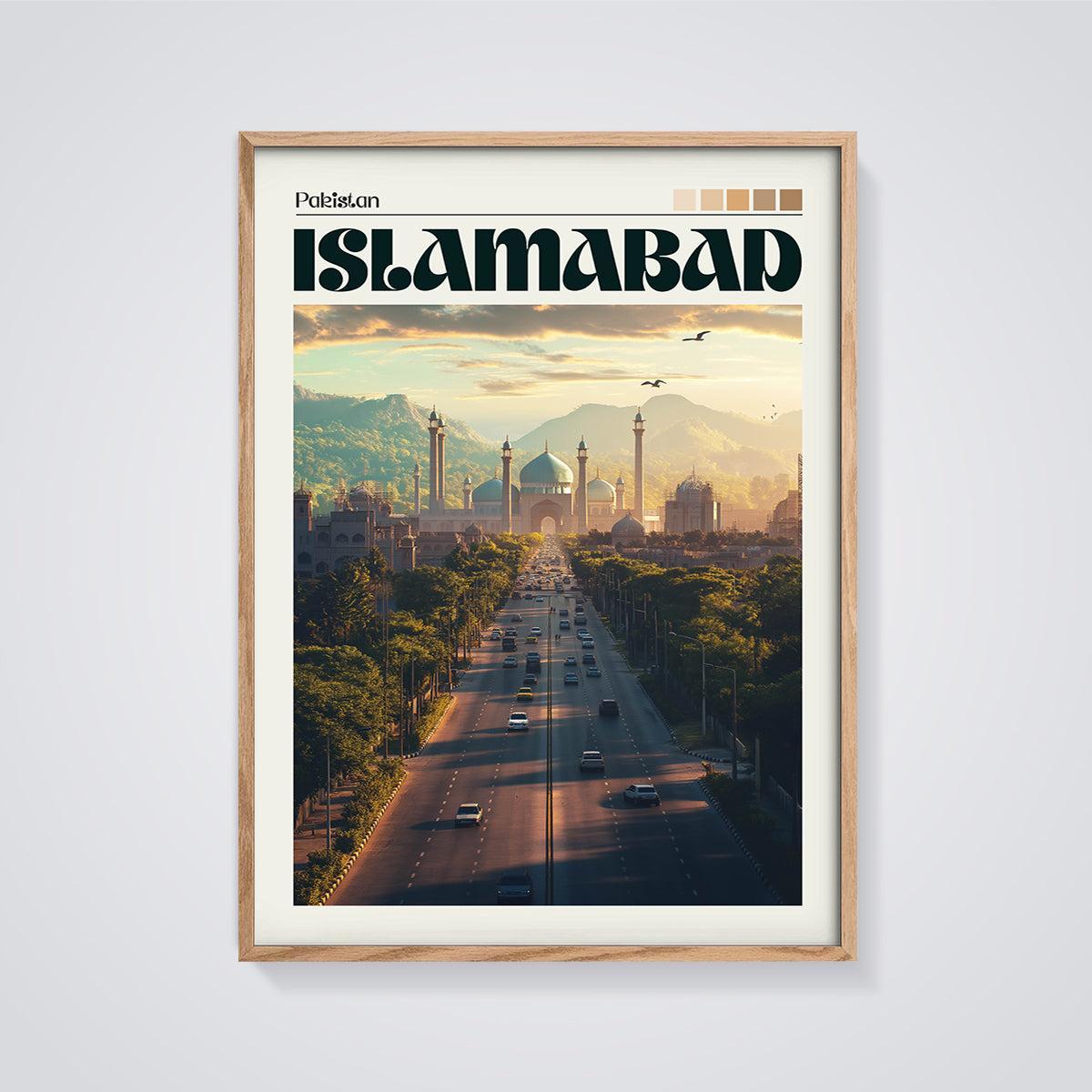 Islamabad Faisal Mosque Road Print framed in oak on a grey background