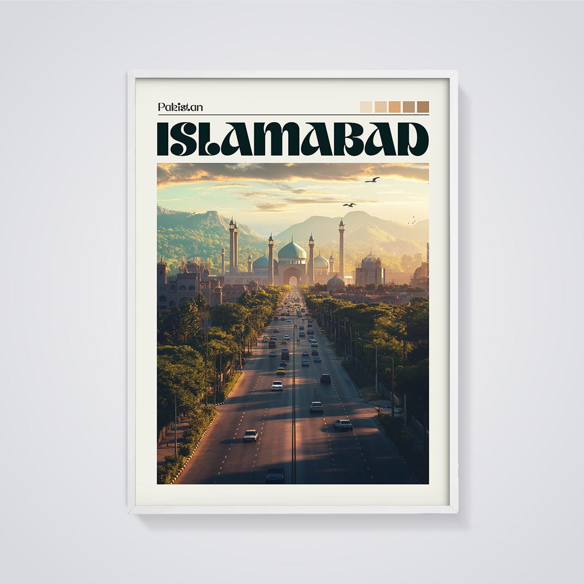 Islamabad Faisal Mosque Road Print framed in white on a grey background