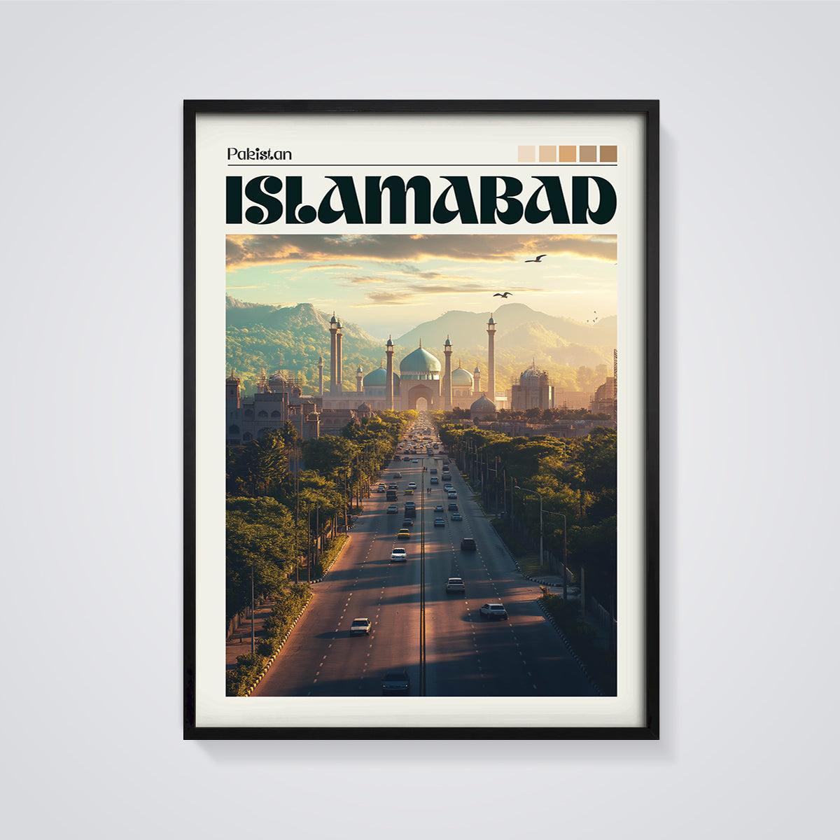 Islamabad Faisal Mosque Road Print framed in black on a grey background