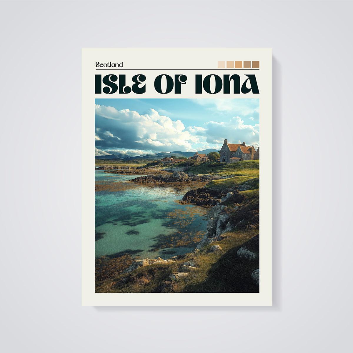 Isle of Iona Scottish Coast Print unframed on a grey background