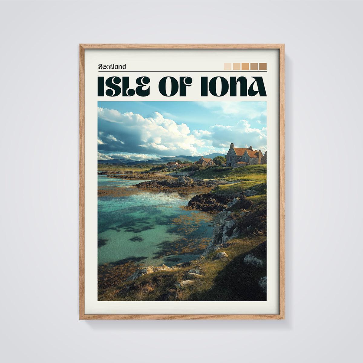 Isle of Iona Scottish Coast Print framed in oak on a grey background