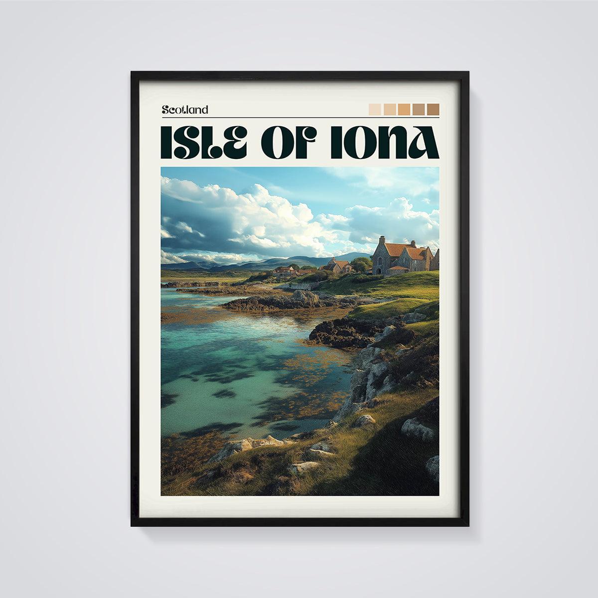 Isle of Iona Scottish Coast Print framed in black on a grey background