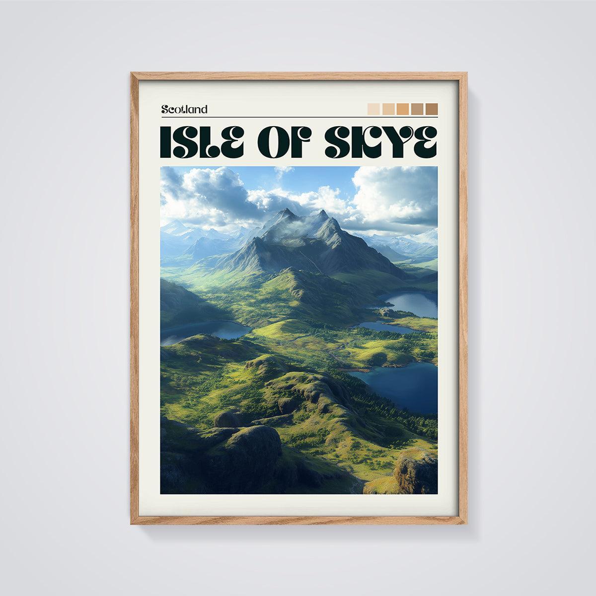 Isle of Skye Landscape Print framed in oak on a grey background