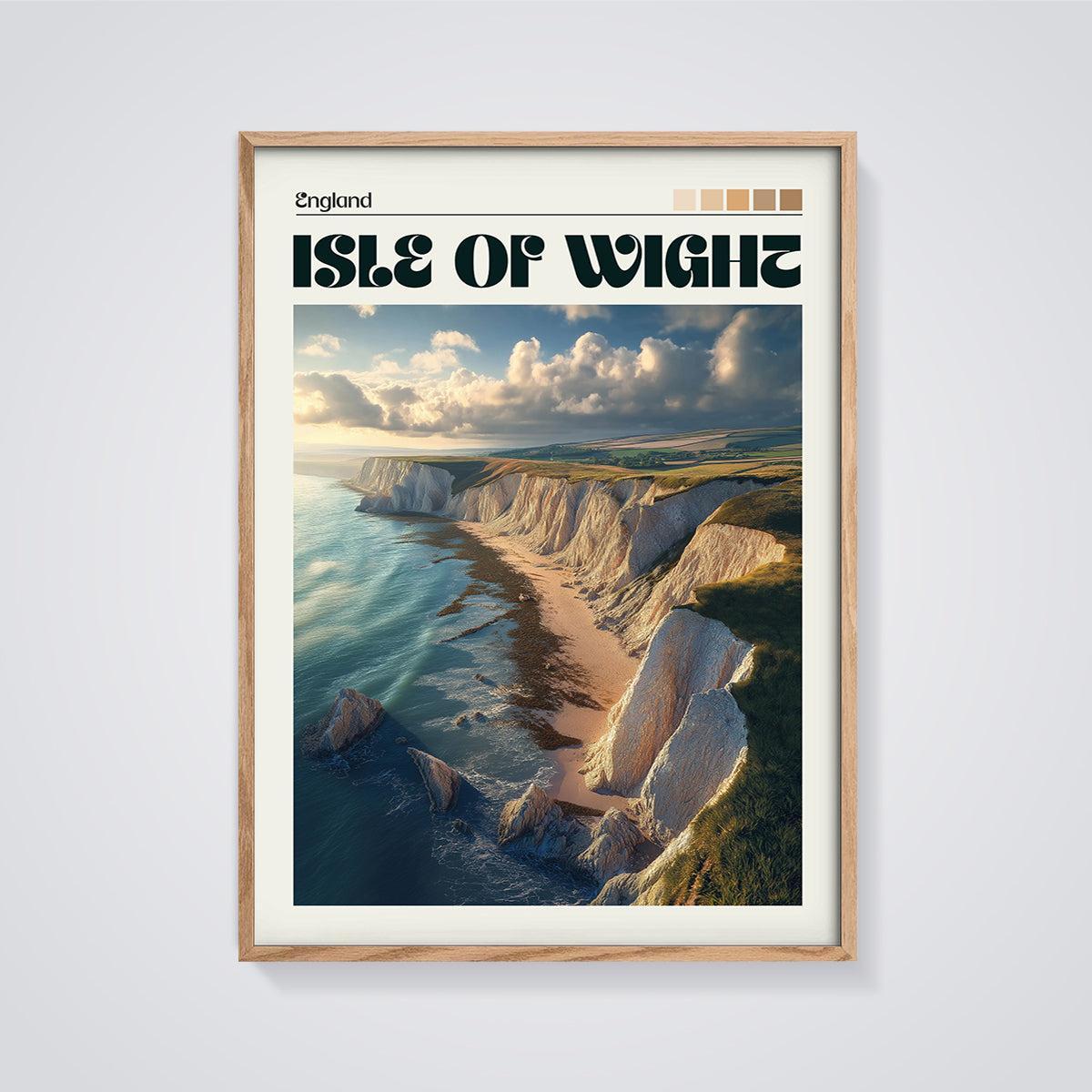 Isle of Wight Coastal Cliffs Print framed in oak on a grey background