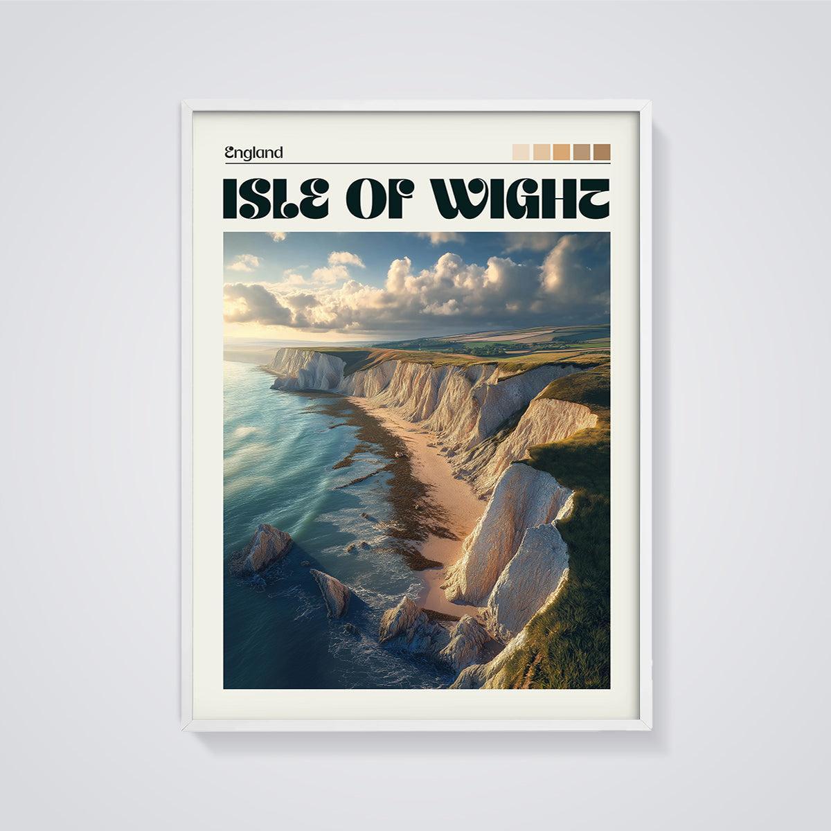 Isle of Wight Coastal Cliffs Print framed in white on a grey background