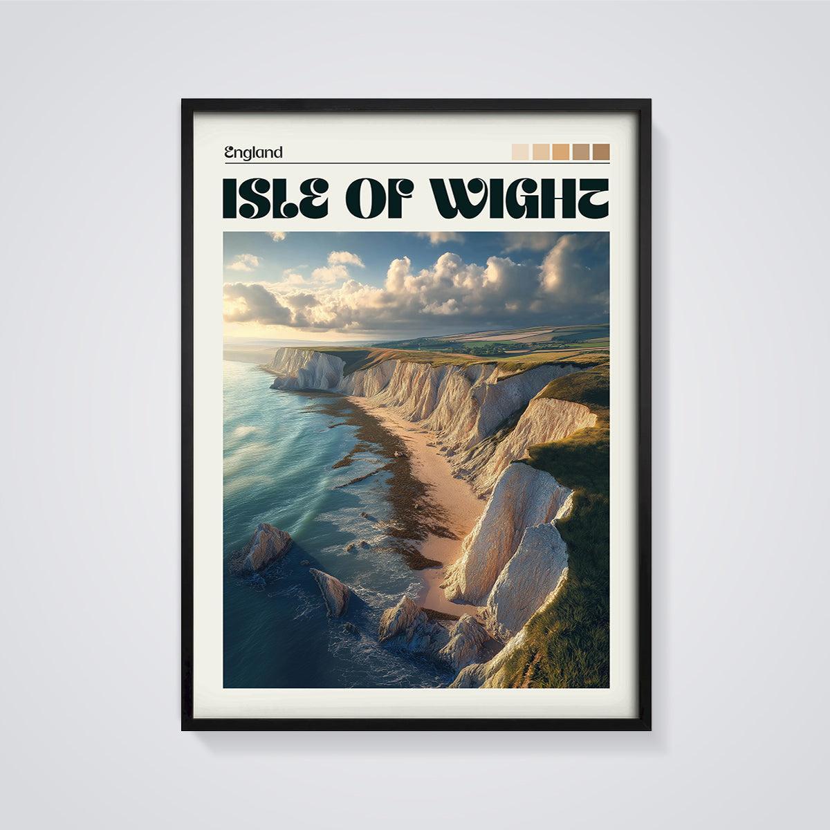 Isle of Wight Coastal Cliffs Print framed in black on a grey background