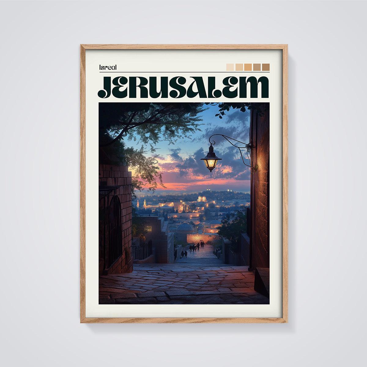Isreal Jerusalem City View Print framed in oak on a grey background