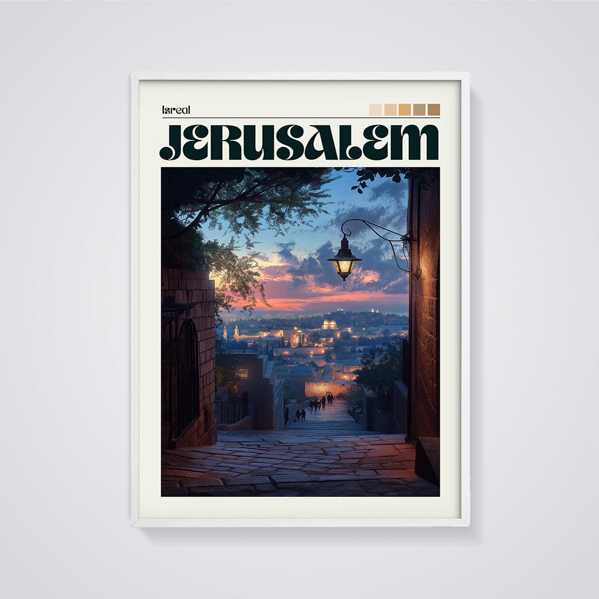 Isreal Jerusalem City View Print framed in white on a grey background
