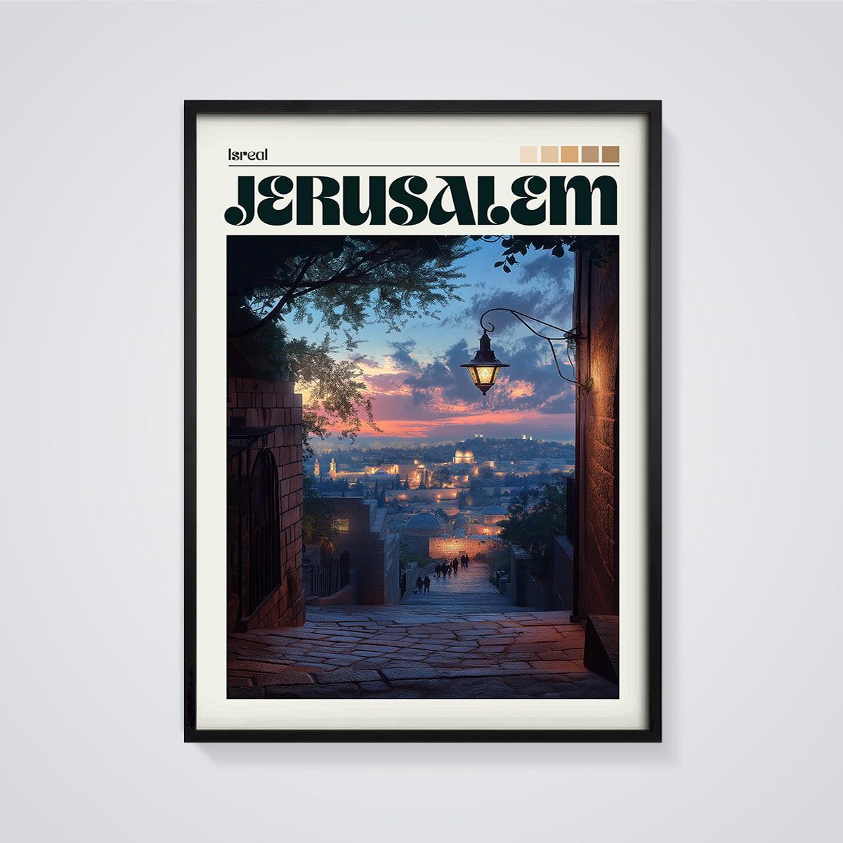Isreal Jerusalem City View Print framed in black on a grey background