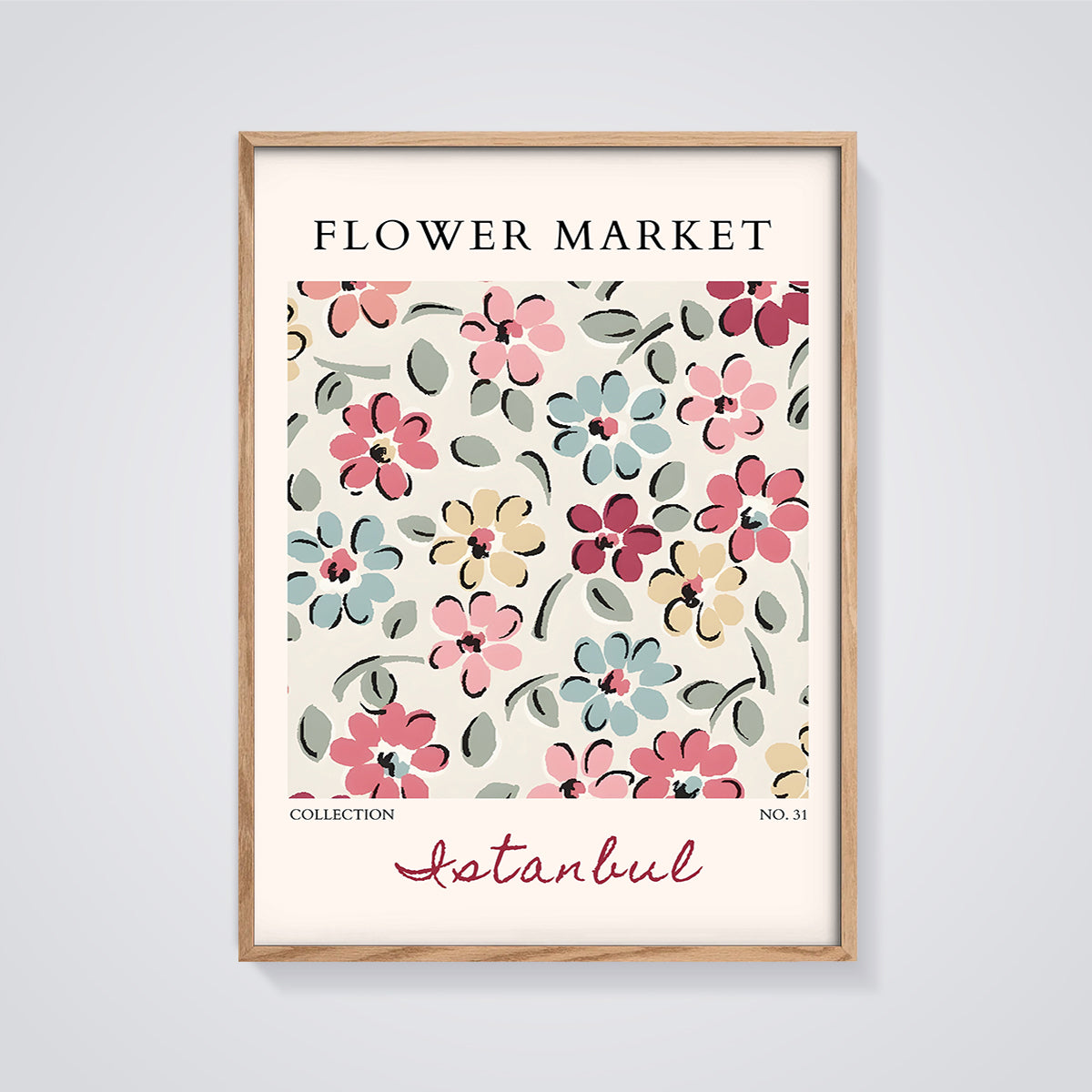 Istanbul Flower Market Pattern Print framed in oak on a grey background