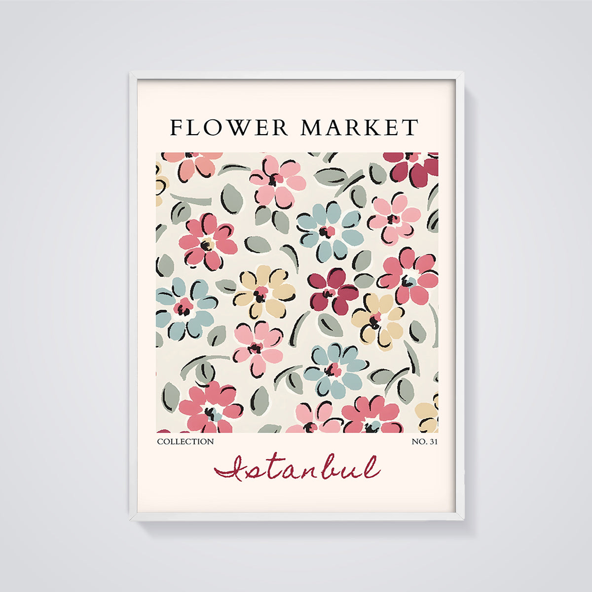 Istanbul Flower Market Pattern Print framed in white on a grey background