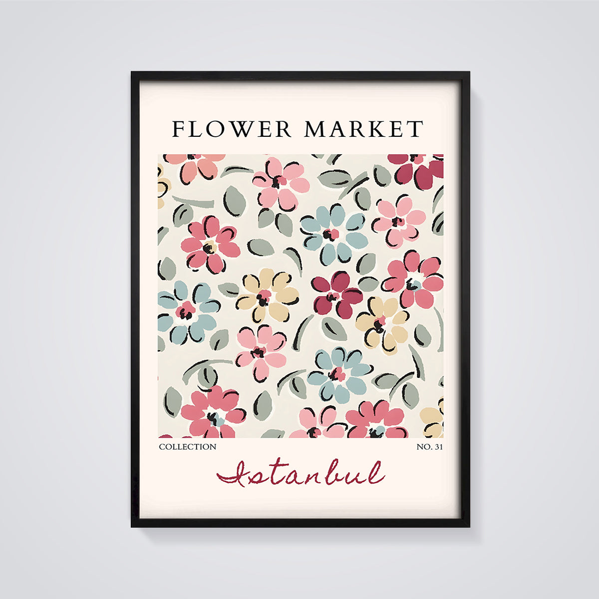 Istanbul Flower Market Pattern Print framed in black on a grey background
