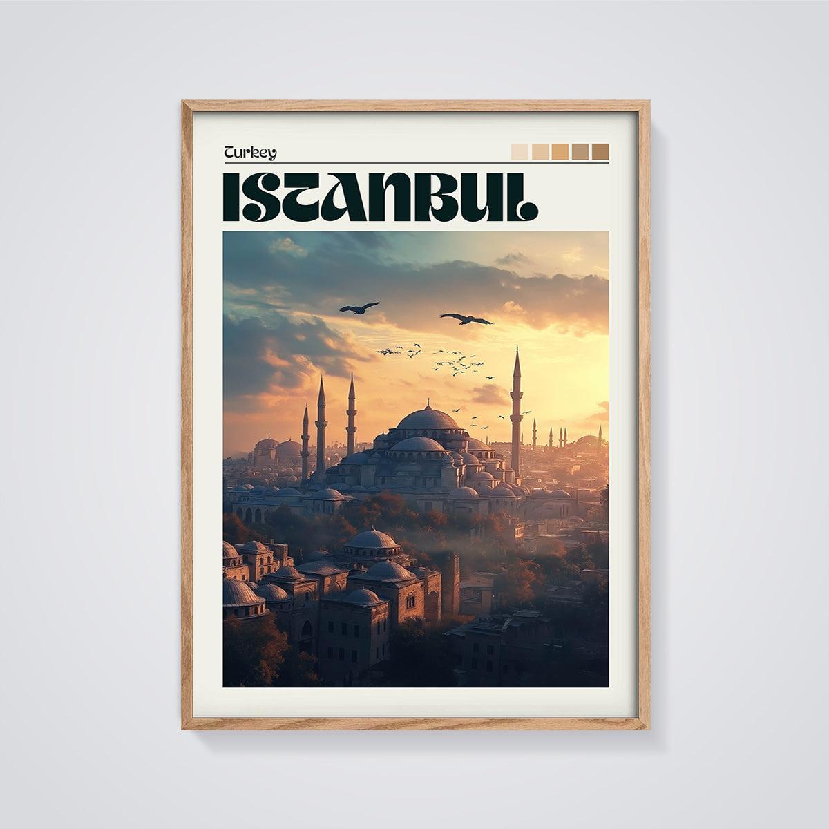 Istanbul Sunset Mosque Print framed in oak on a grey background
