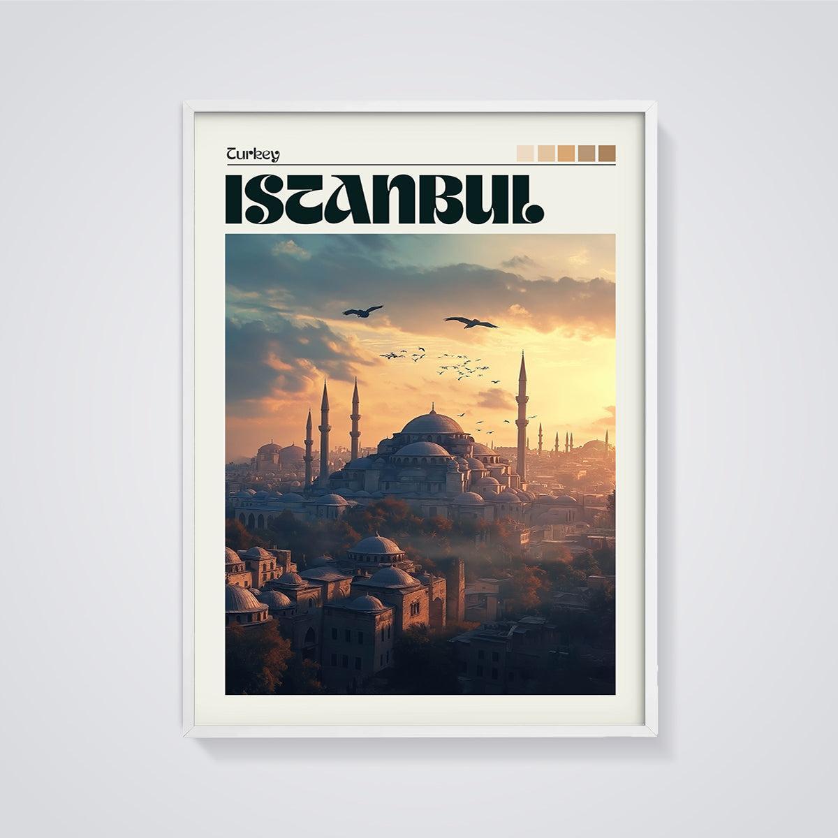 Istanbul Sunset Mosque Print framed in white on a grey background