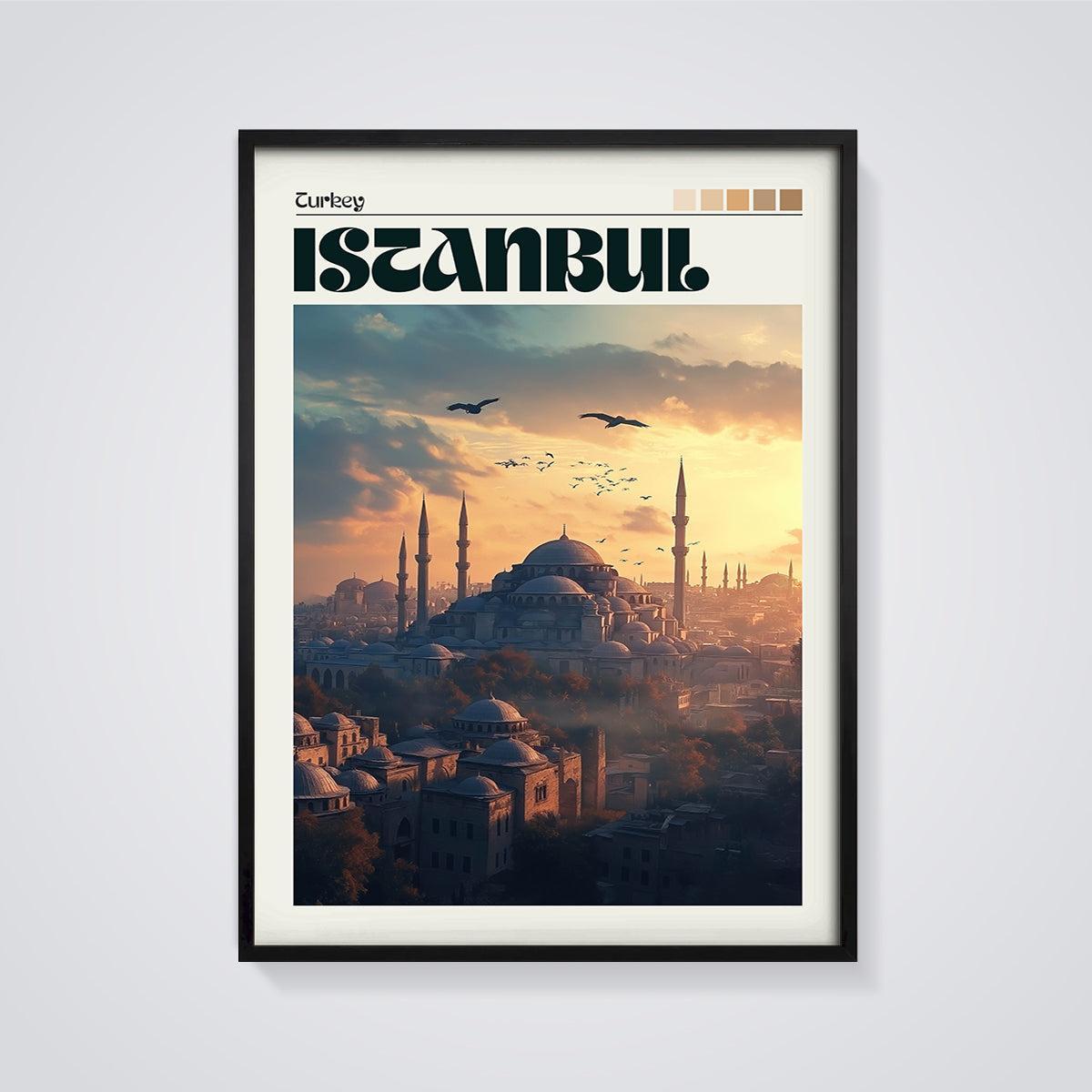 Istanbul Sunset Mosque Print framed in black on a grey background