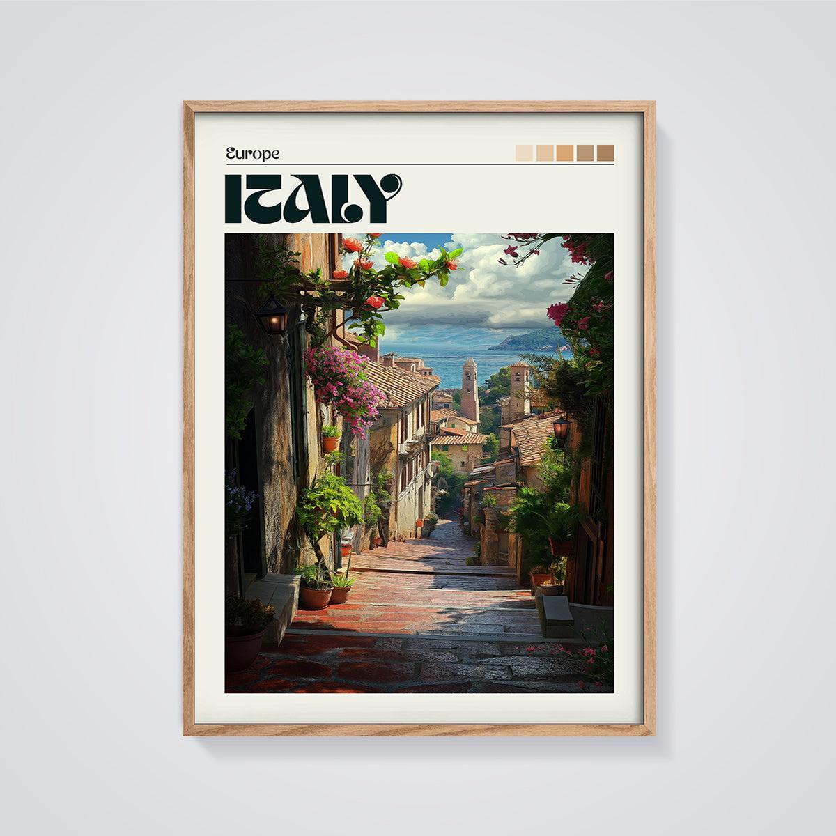 Italy Coastal Street Print framed in oak on a grey background