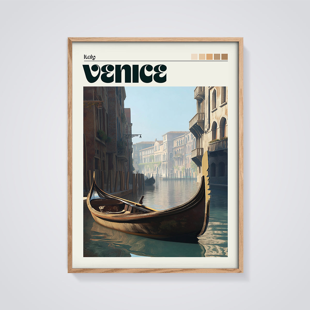 Italy Venice Gondola Print framed in oak on a grey background