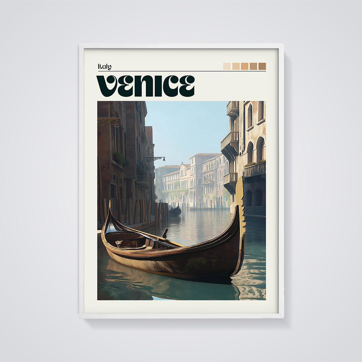 Italy Venice Gondola Print framed in white on a grey background