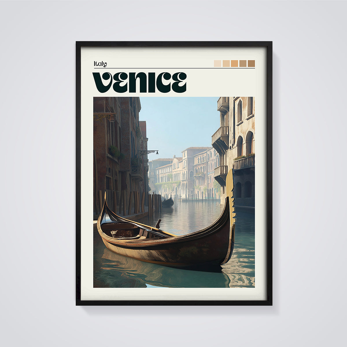 Italy Venice Gondola Print framed in black on a grey background