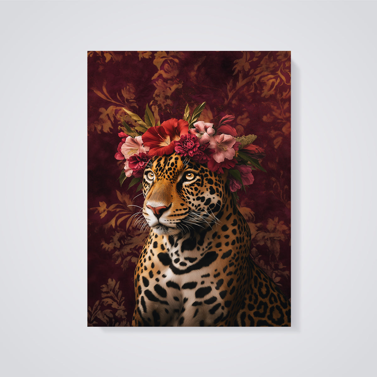 Jaguar Floral Crown Print unframed on a grey background