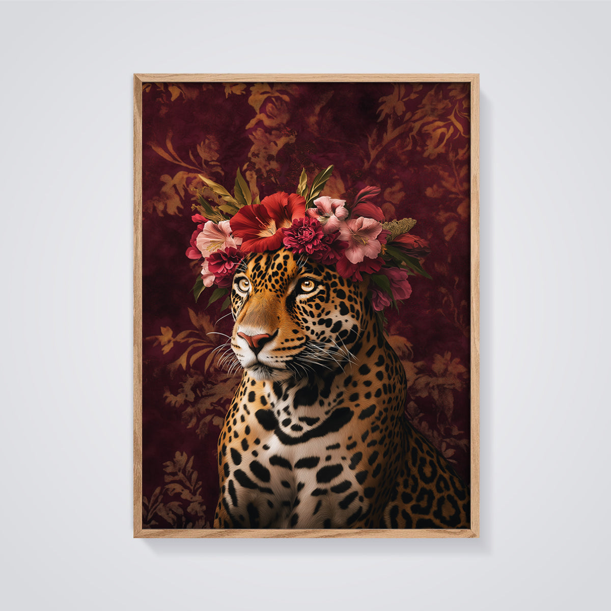Jaguar Floral Crown Print framed in oak on a grey background