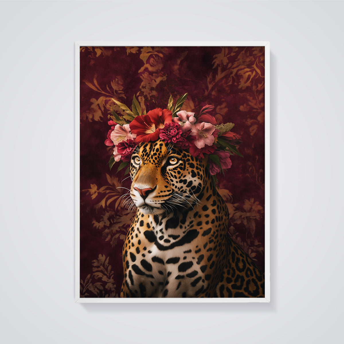 Jaguar Floral Crown Print framed in white on a grey background