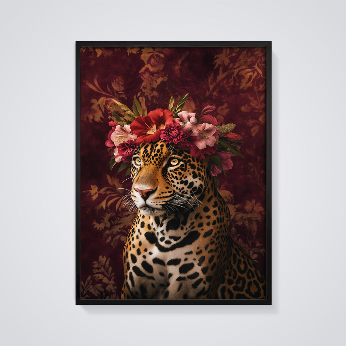 Jaguar Floral Crown Print framed in black on a grey background