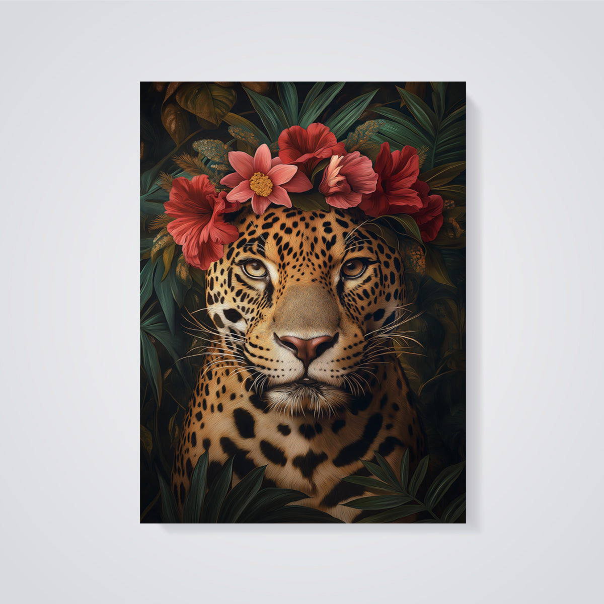Jaguar Flower Crown Print unframed on a grey background