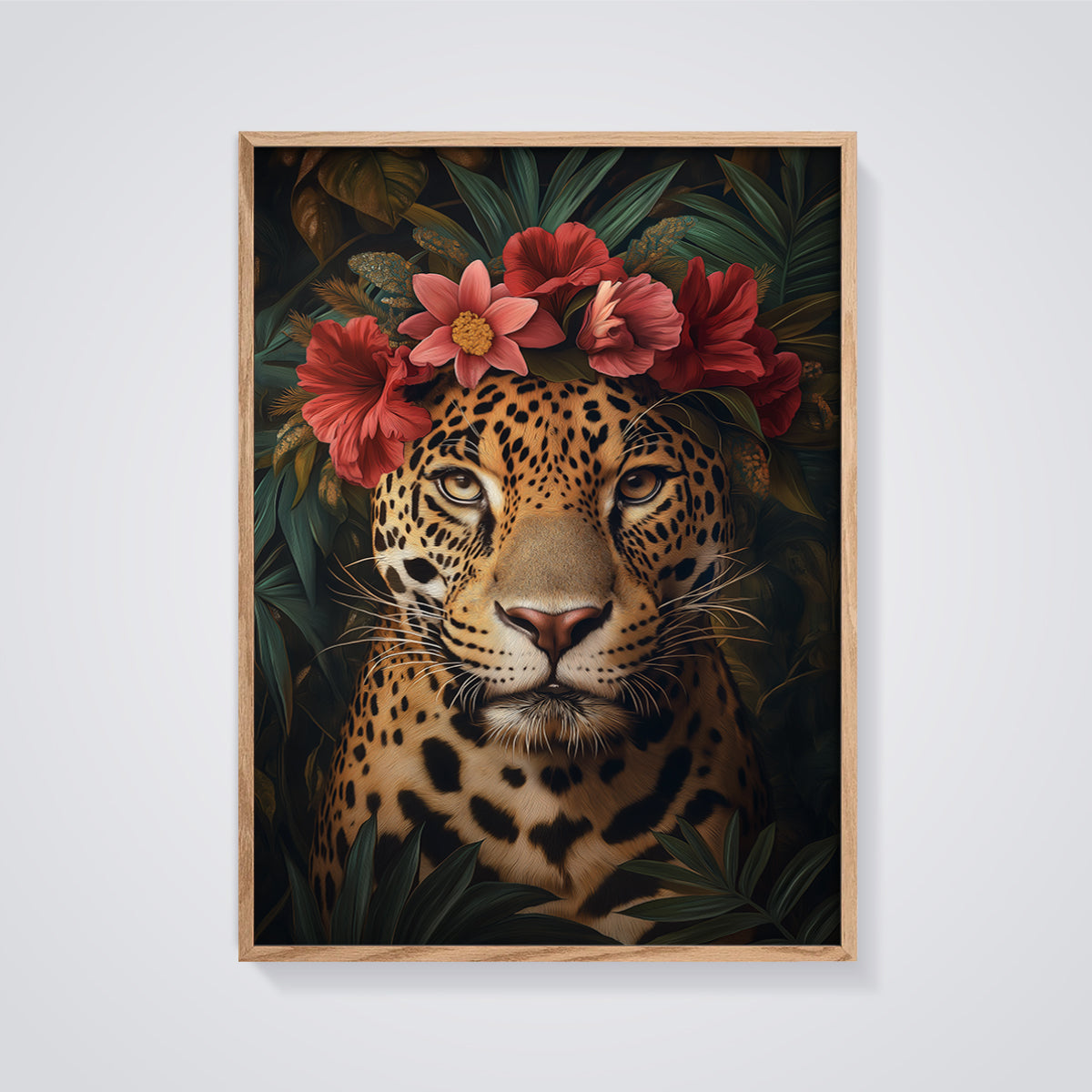 Jaguar Flower Crown Print framed in oak on a grey background