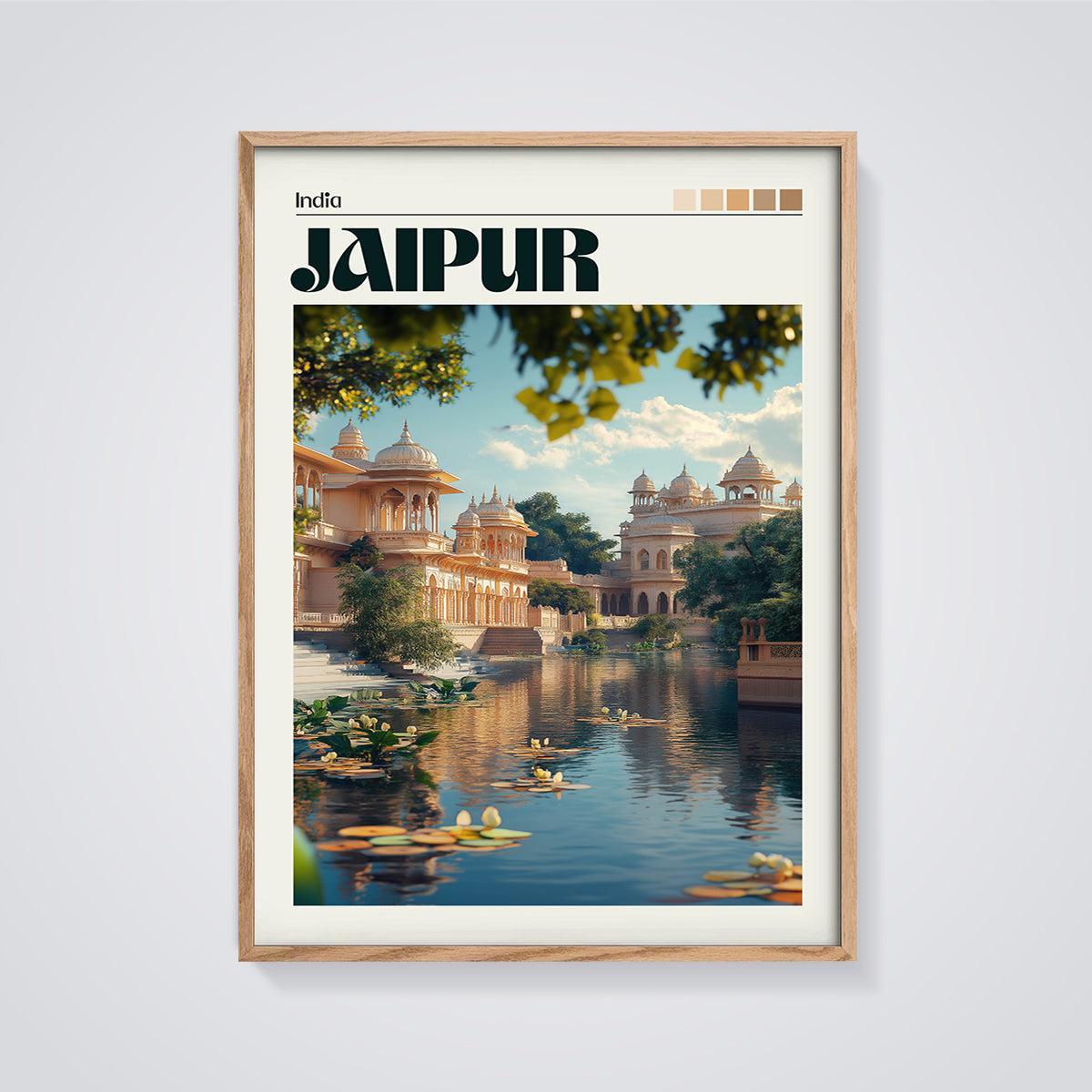 Jaipur Palace Lake Print framed in oak on a grey background