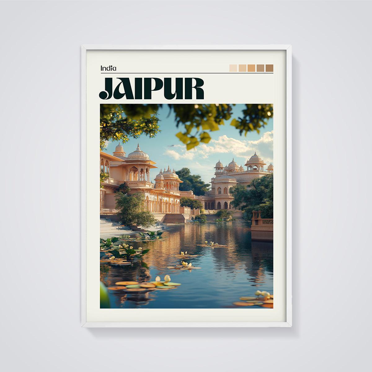 Jaipur Palace Lake Print framed in white on a grey background