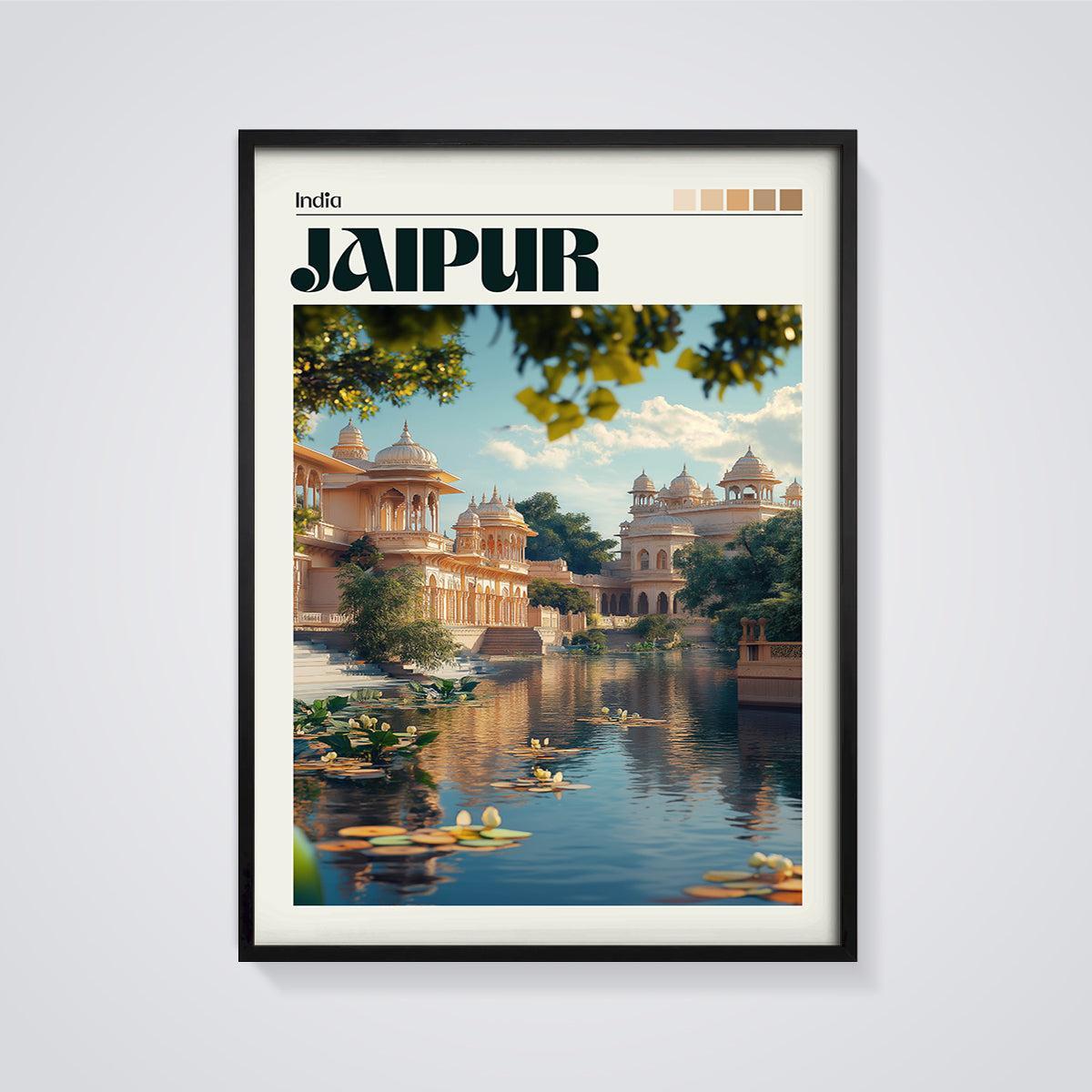 Jaipur Palace Lake Print framed in black on a grey background