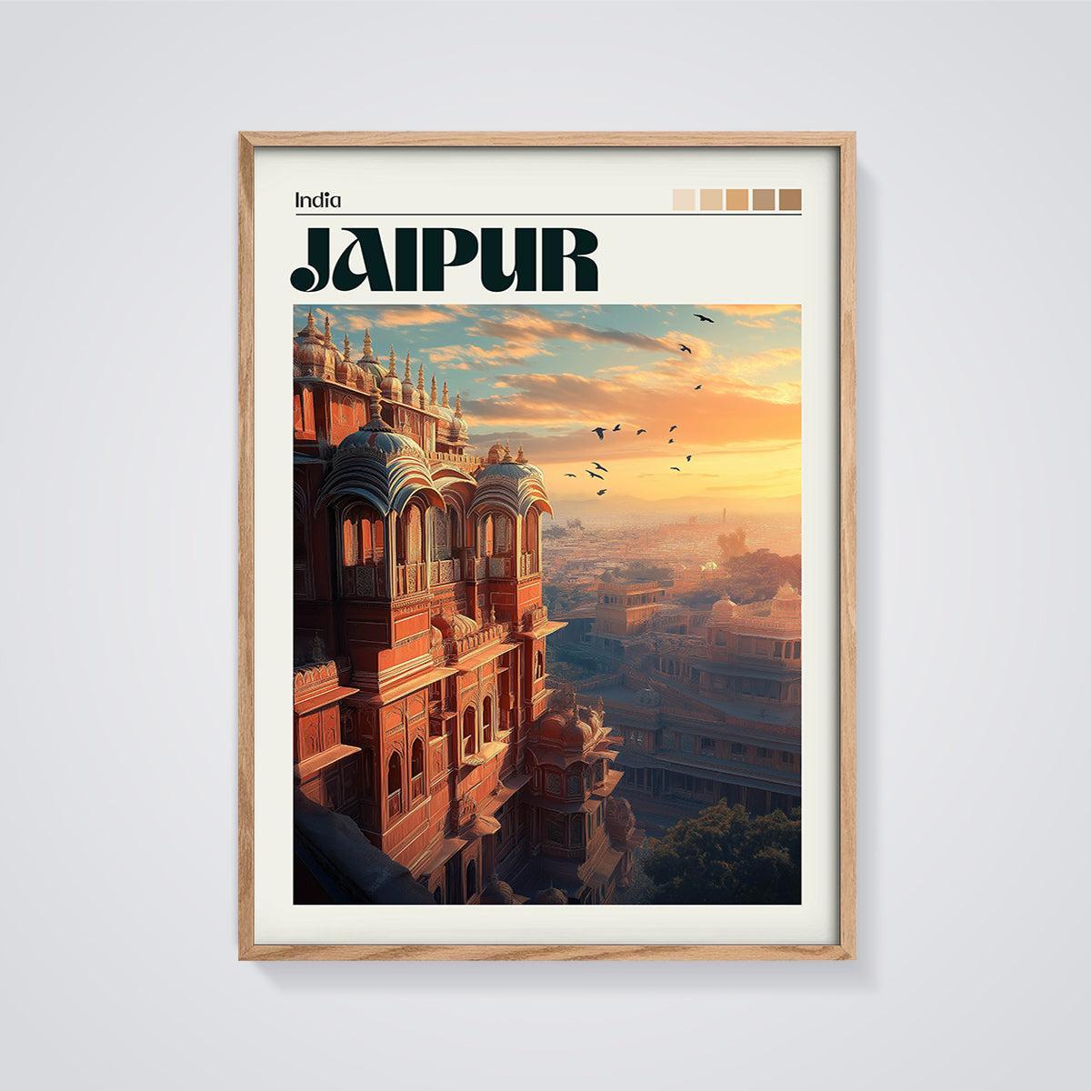 Jaipur Sunset Palace Print framed in oak on a grey background