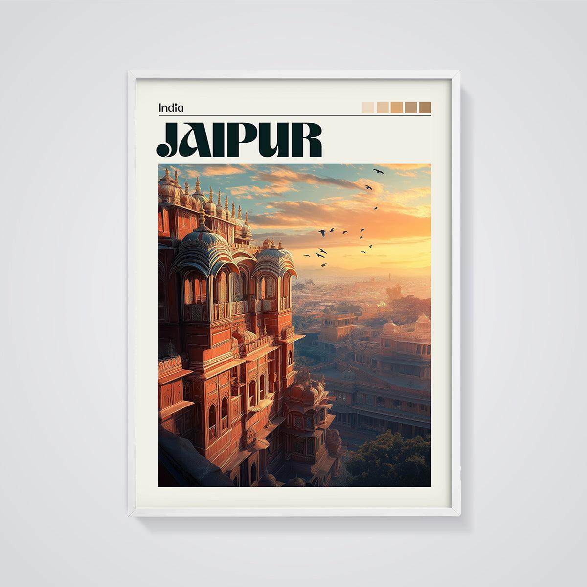 Jaipur Sunset Palace Print framed in white on a grey background