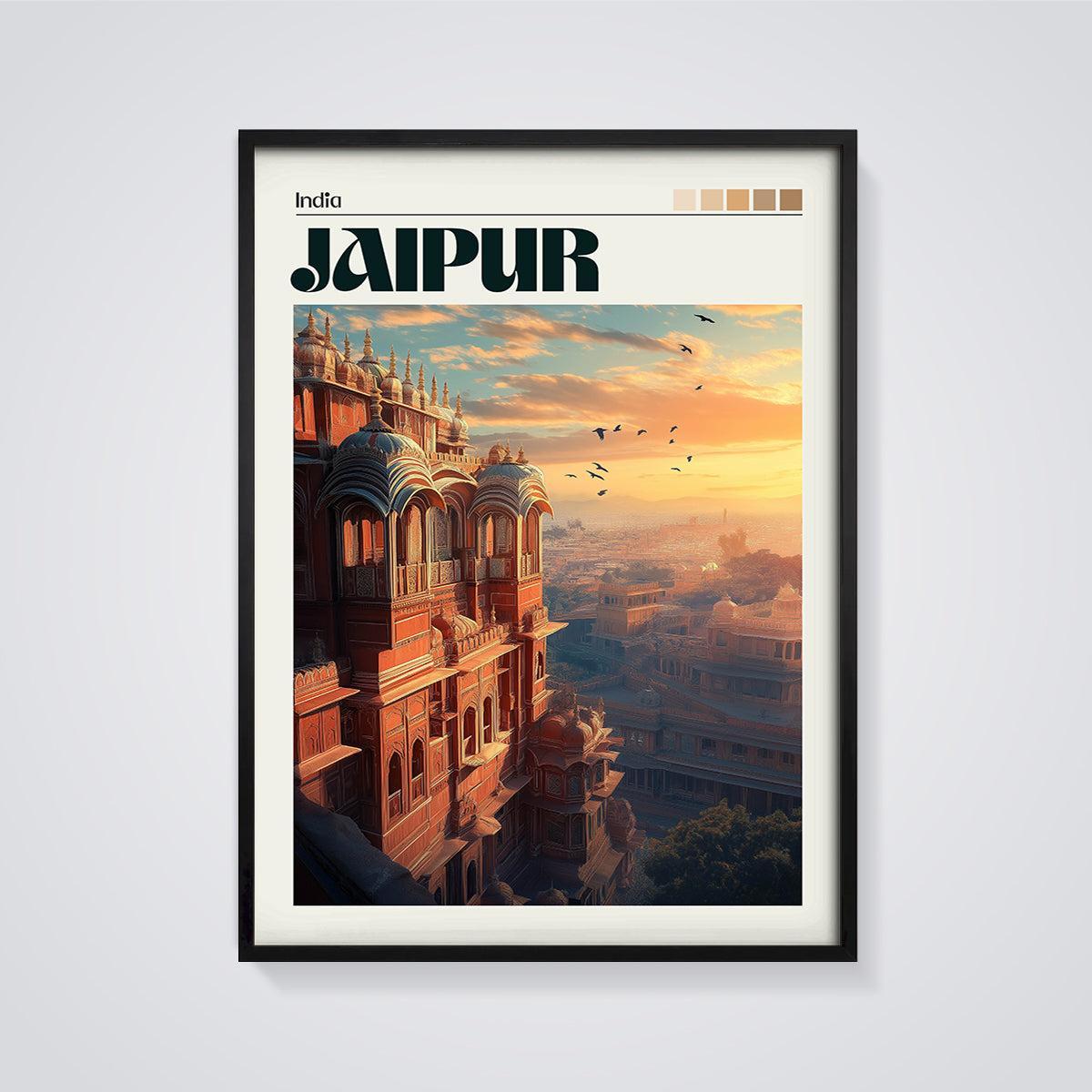 Jaipur Sunset Palace Print framed in black on a grey background