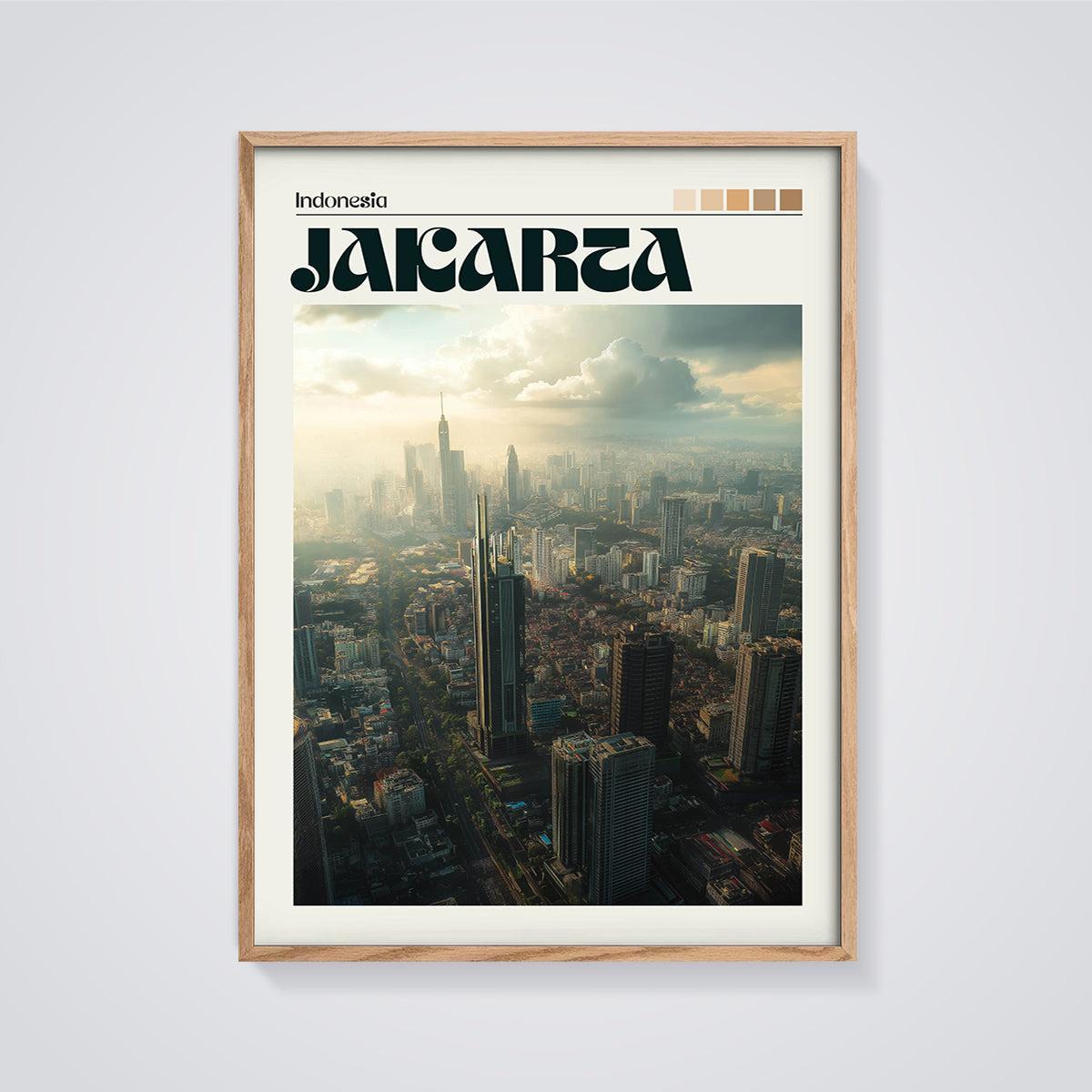 Jakarta Cityscape Print framed in oak on a grey background