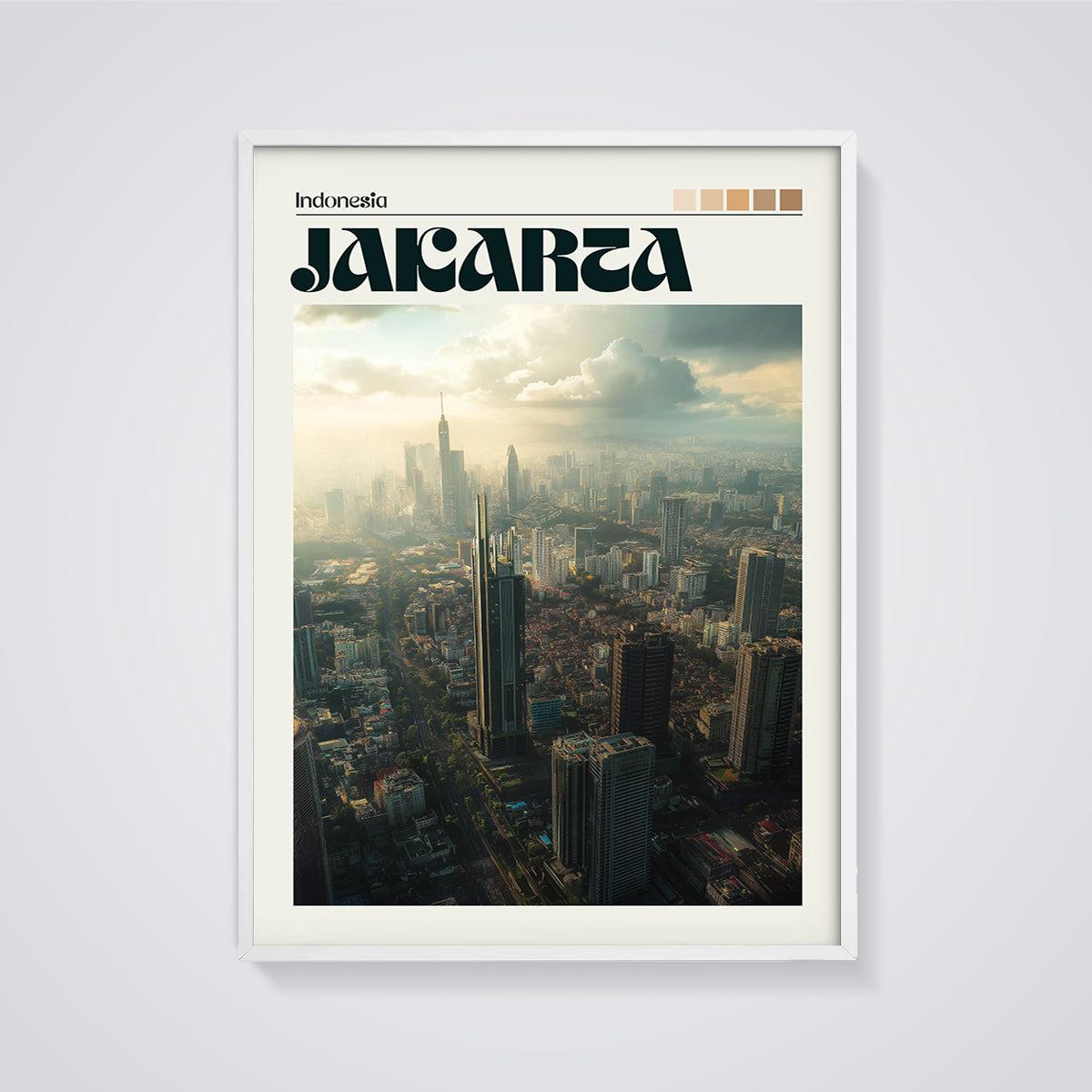 Jakarta Cityscape Print framed in white on a grey background